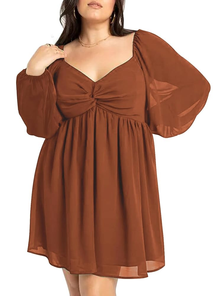 SCOMCHIC Women's Plus Size Puff Long Sleeve Dresses Sweetheart Neckline A Line Short Wedding Gues... | Amazon (US)