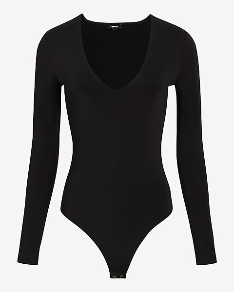 Body Contour Silky V-neck Long Sleeve Thong Bodysuit | Express