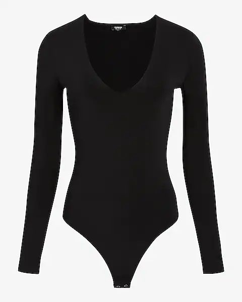 Body Contour Silky V-neck Long Sleeve Thong Bodysuit | Express