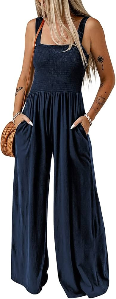 AILUNSNIKA Womens Casual Sleeveless Strap Jumpsuits Smocked High Waist Backless Overalls Long Pan... | Amazon (CA)