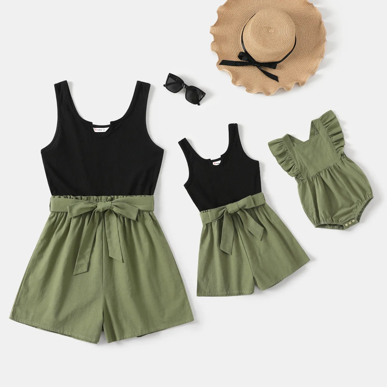 100% Cotton Ribbed and Solid Splicing Sleeveless Belted Romper for Mom and Me | PatPat