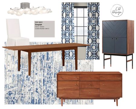Dining room, blue decor, dining room design, mid century modern table, bar cabinet, entertaining ideas, holiday meals, modern ceiling light, chrome light, blue and white curtains, blue and gray rug, white dining chair, walnut sideboard 

#LTKfamily #LTKSeasonal #LTKhome