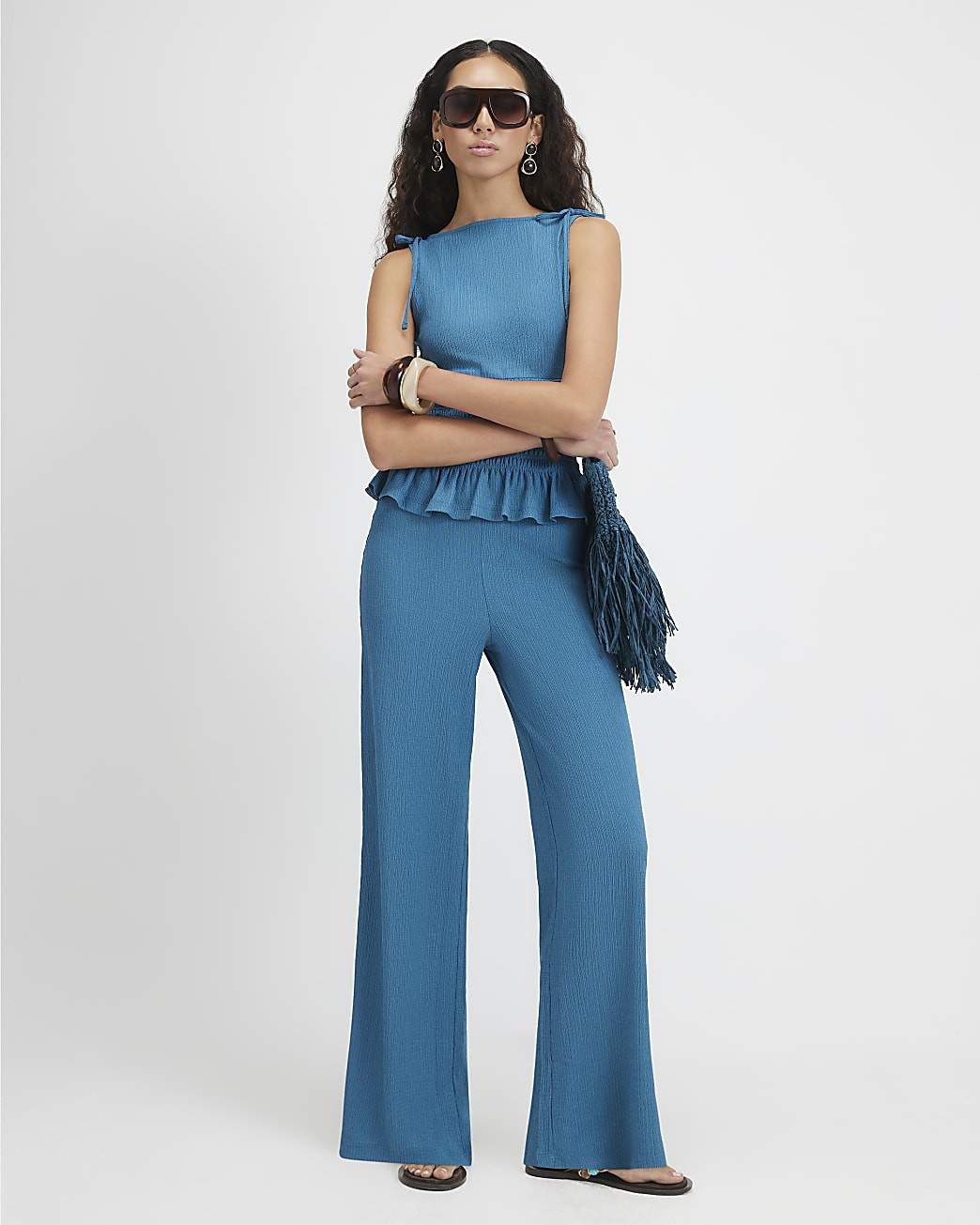Green Textured Wide Leg Trousers | River Island UK & IE
