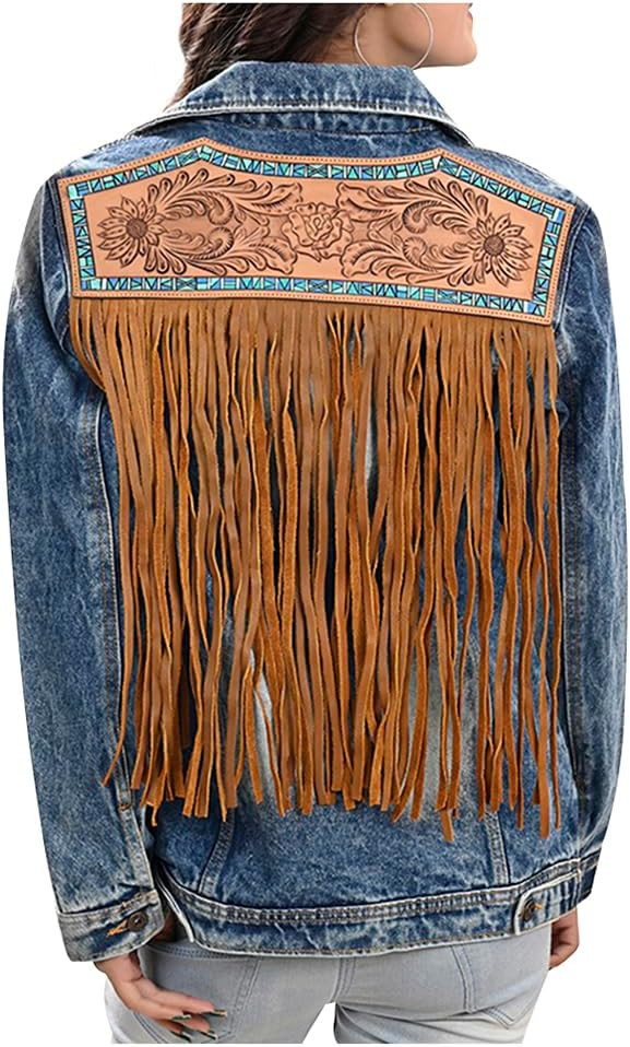 ADJKT019 Genuine leather Hand tooled hand carved Women 100% cotton Denim jacket dress ladies girl | Amazon (US)