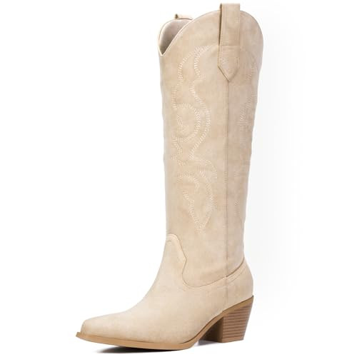 Platikly Beige Cowboy Boots for Women - Embroidered Western Cowgirl Boots Suede Leather, Wide Calf Knee High Tall Footwear, Pointed Toe Chunky Heel Pull On Zipper Classic Retro Country US 9.5 | Amazon (US)
