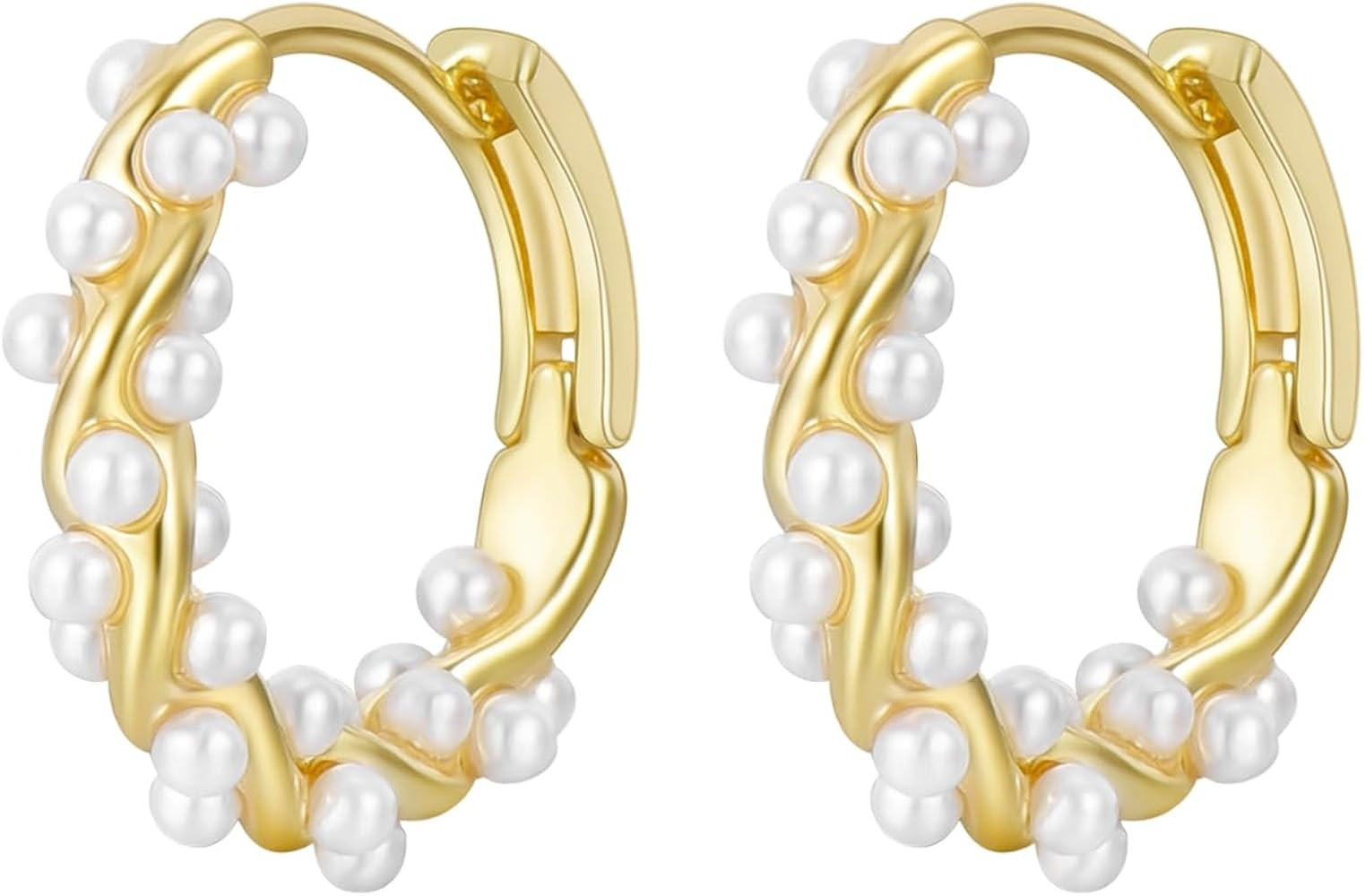 Pearl Hoop Earrings Women Pearl Huggie Earrings Small Pearl Twisted Hoop Earrings with 14K Gold S... | Amazon (US)
