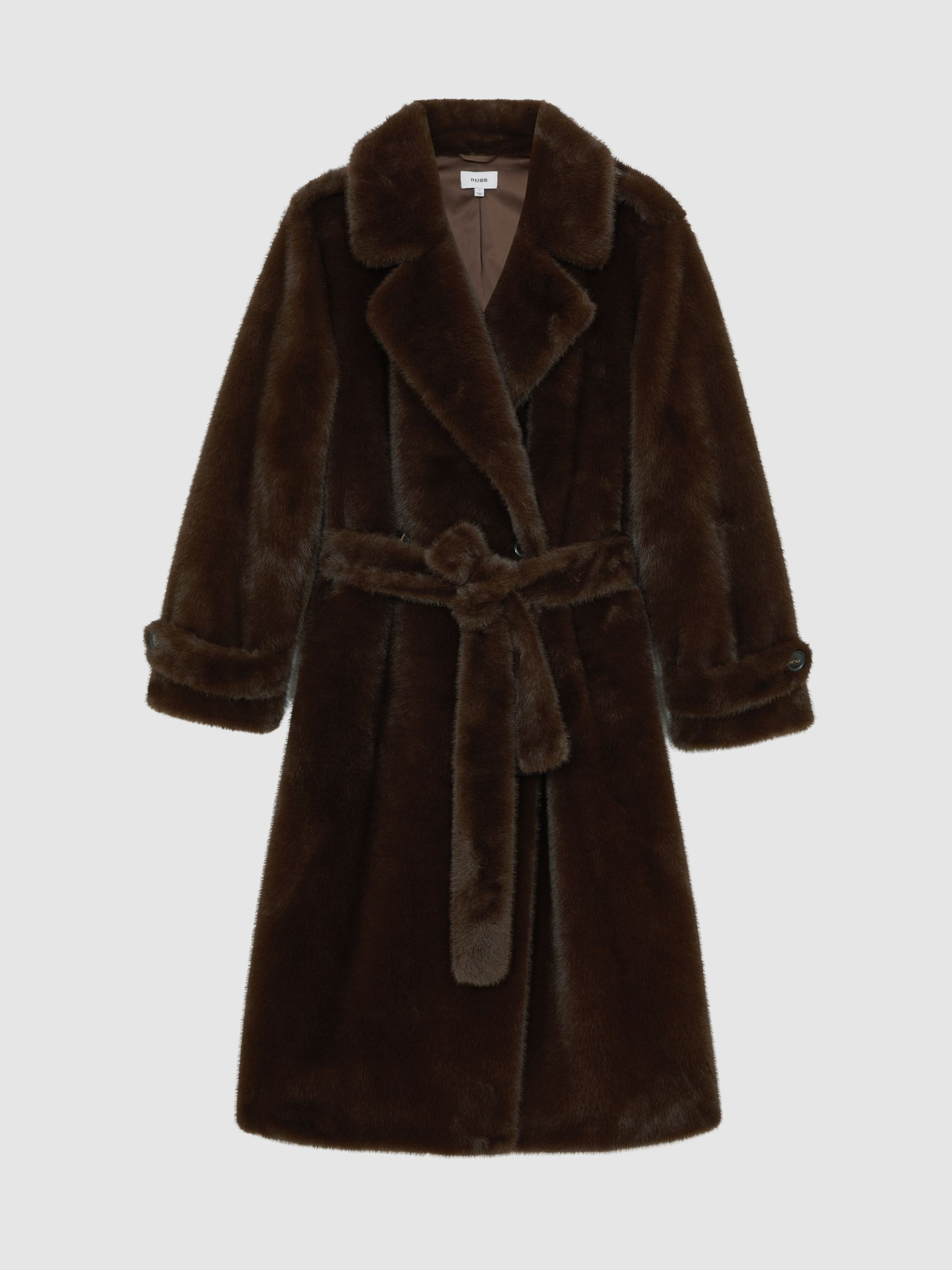 Reiss Faux-Fur Long Belted Coat in Chocolate Brown - REISS | Reiss UK