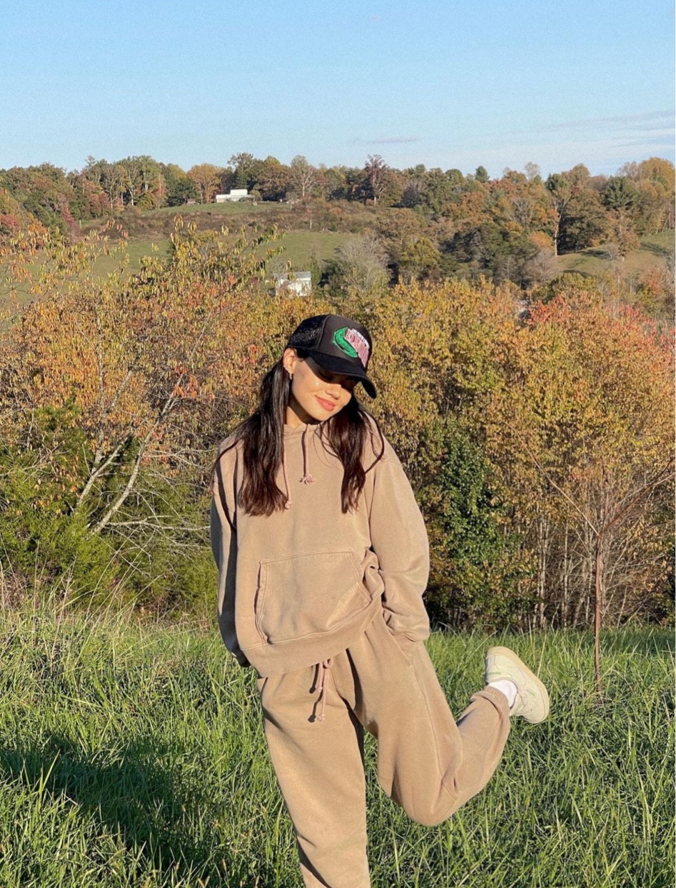 brown sweat set, Reebok white sneakers and black trucker hat #reebok #fallstyle #fallfashion 

#LTKBacktoSchool #LTKFind #LTKSeasonal