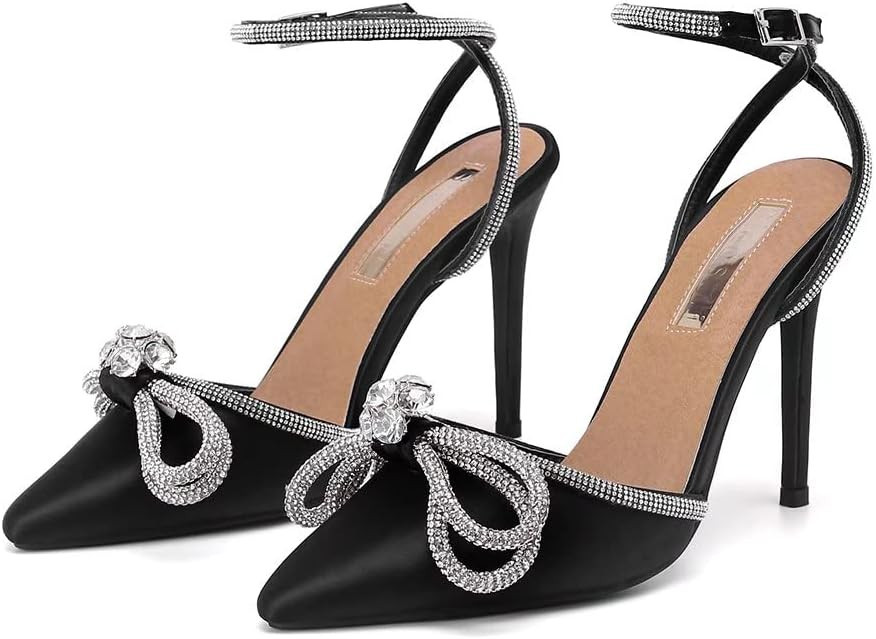 Bieosnli Women's Satin Lace Up High Heel Sandals Ankle Buckle Straps Pump Rhinestone Strip Bowkno... | Amazon (US)