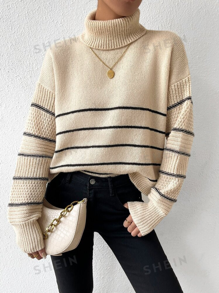 SHEIN Relaxiva Striped Pattern Turtleneck Drop Shoulder Sweater | SHEIN