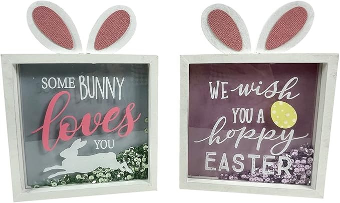 Eternhome Easter Decoration Happy Easter Block for Table 2 Pack Moveable Sequin Shine Bunny Signs... | Amazon (US)