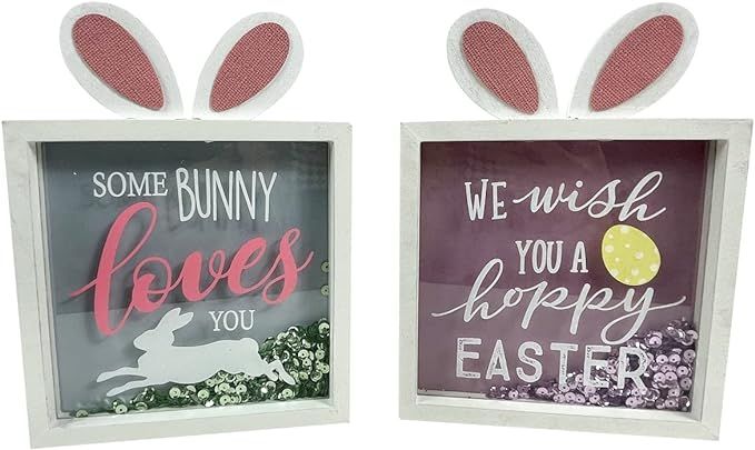 Eternhome Easter Decoration Happy Easter Block for Table 2 Pack Moveable Sequin Shine Bunny Signs... | Amazon (US)