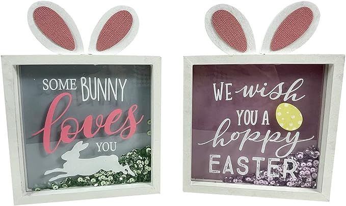 Eternhome Easter Decoration Happy Easter Block for Table 2 Pack Moveable Sequin Shine Bunny Signs... | Amazon (US)