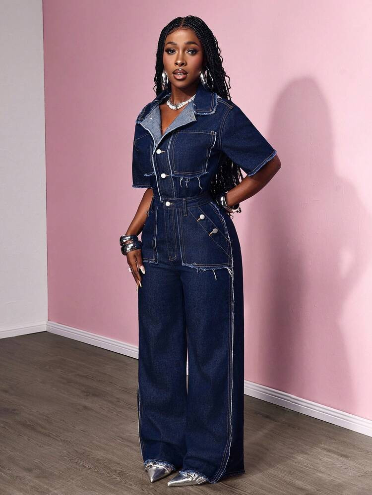Slaydiva Plus Size Women Short Sleeve Single-Breasted Frayed Hem Casual Wide Leg Denim Jumpsuit | SHEIN