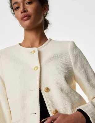 Pure Cotton Tweed Collarless Short Jacket | Marks and Spencer US