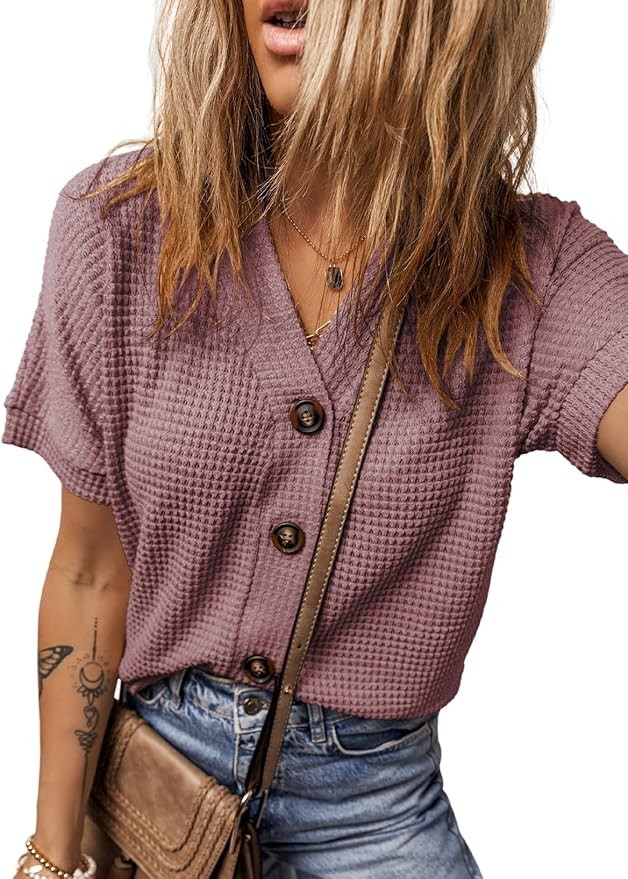 Dokotoo Womens Summer Tops 2026 Waffle Knit Button Down Shirts | Amazon (US)