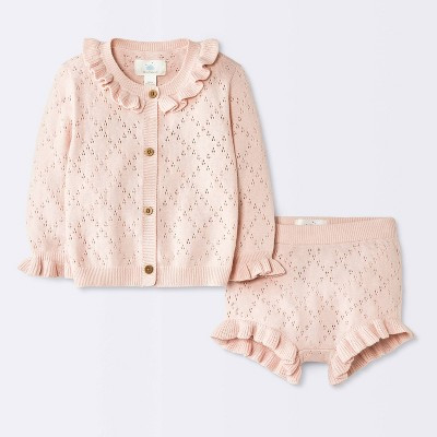 Baby Girls' 2pc Crochet Cardigan Sweater and Ruffle Bloomer Set - Cloud Island™ Pink 6-9M | Target