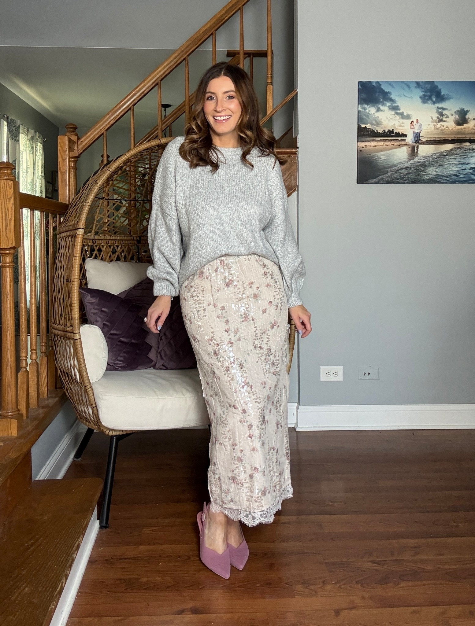 Valentine’s outfit idea to wear to brunch, grey slouchy oversized sweater (wearing a size small), floral print maxi skirt (wearing a size small), pink heels @Macys 

#LTKSaleAlert #LTKootd #LTKValentine