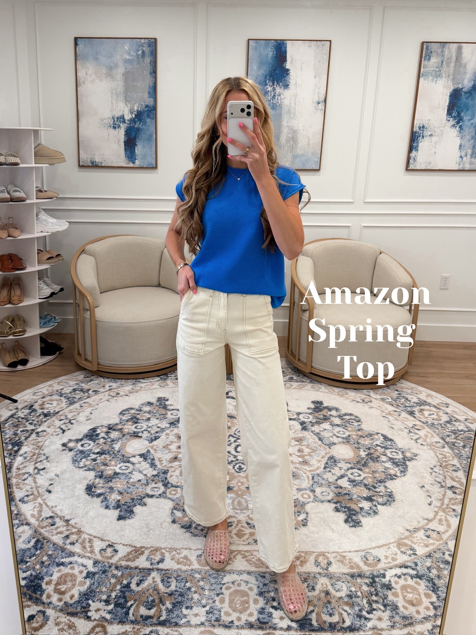 Amazon finds that are so good right now — this cobalt blue textured tee paired with cream wide leg jeans is the most effortless everyday outfit 🩵✨ That bold pop of blue, the relaxed fit, and the clean cream denim with pink woven mules to finish — simple, fresh, and completely put together.

#LTKWorkwear #LTKootd #LTKSeasonal