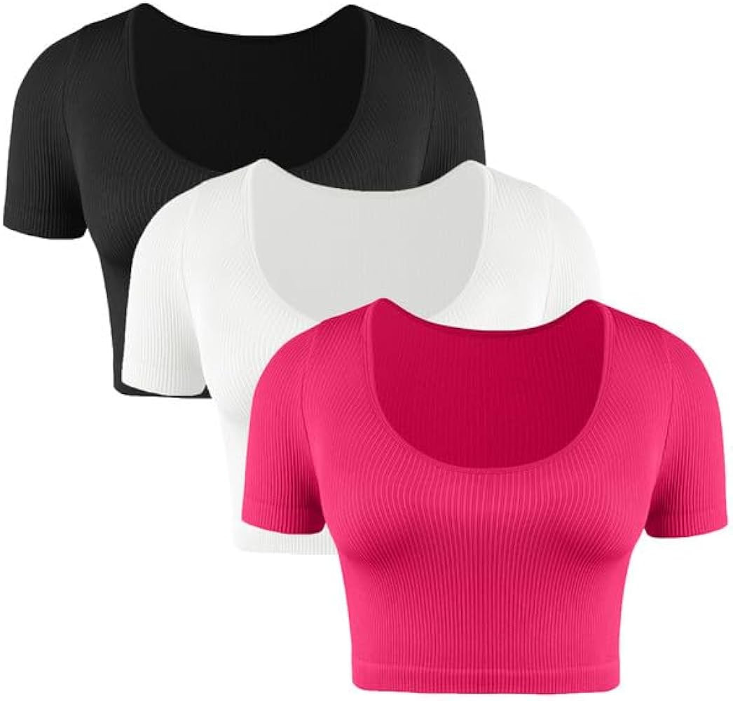 Aranmei 3 Pack Women's Crop Tops Short Sleeve,Scoop Neck Basic Tees,Solid Slim Ribbed Seamless Cu... | Amazon (US)