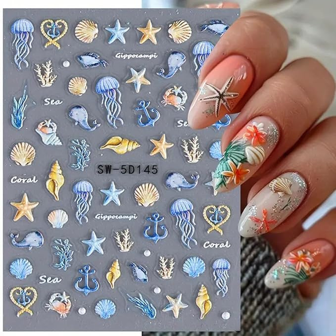 5D Embossed Ocean Life Nail Art Stickers Decals Self Adhesive Seashell Starfish Nail Decals Sea C... | Amazon (US)