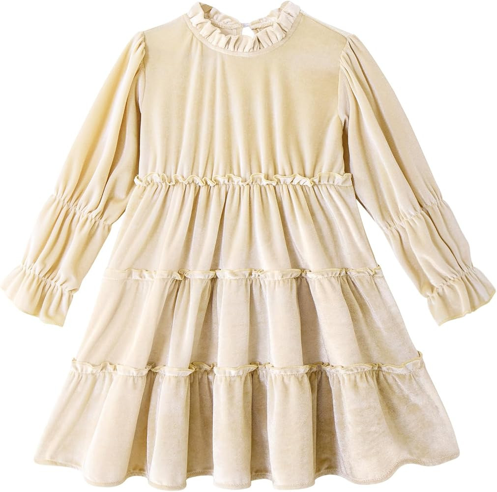 Move Dance Toddler Girls Velvet Dress Ruffle Neck Long Sleeves Dresses Fall Winter Outfit 2-6T | Amazon (US)