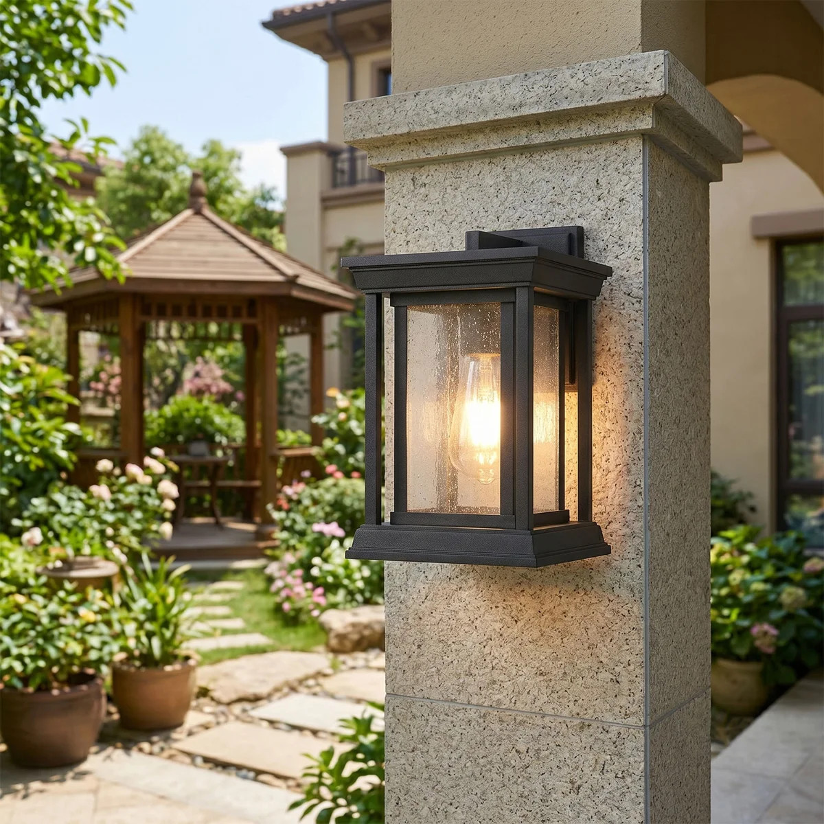 10.5" H Matte Black Exterior Wall Lantern with Seedy Glass | Wayfair North America