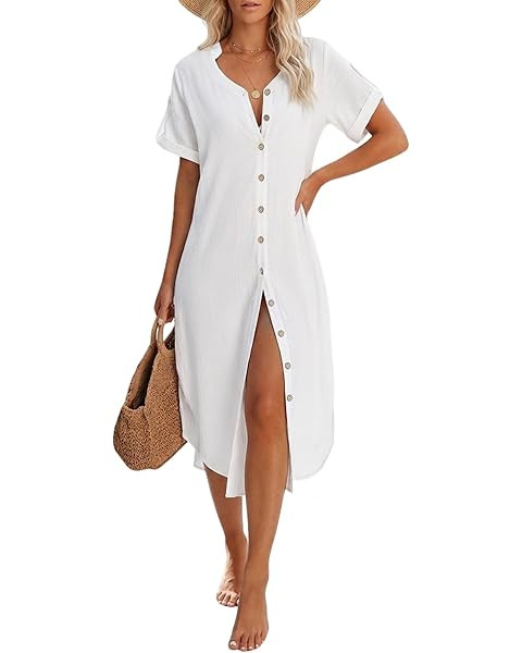 Dokotoo Womens Casual Short Sleeve Side Split Button Down Long Kimonos Cardigans Swimsuit Cover U... | Amazon (US)