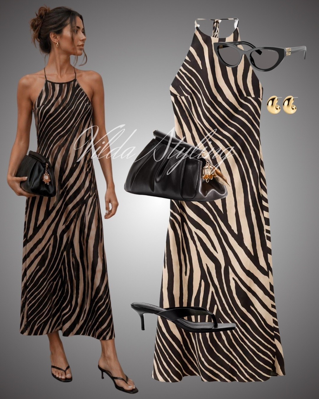 Walking on the wild side! 🦓✨ Obsessed with this sleek zebra-print halter maxi dress. It’s the perfect statement piece for a chic night out. I've paired it with classic black accessories—a structured clutch, strappy heels, and statement sunnies—to let the dress shine.
 #LTKstyletip #LTKunder100 #zebraprint #ootn #chicstyle #vacationlook

#LTKFashionMonth #LTKsummer #LTKdresses