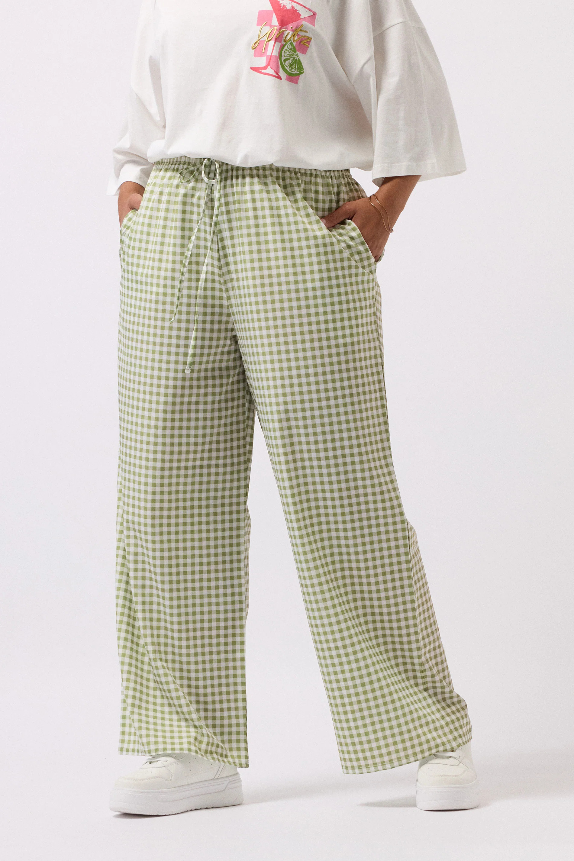 YOURS Plus Size Sage Green Gingham Wide Leg Trousers | Yours Clothing UK