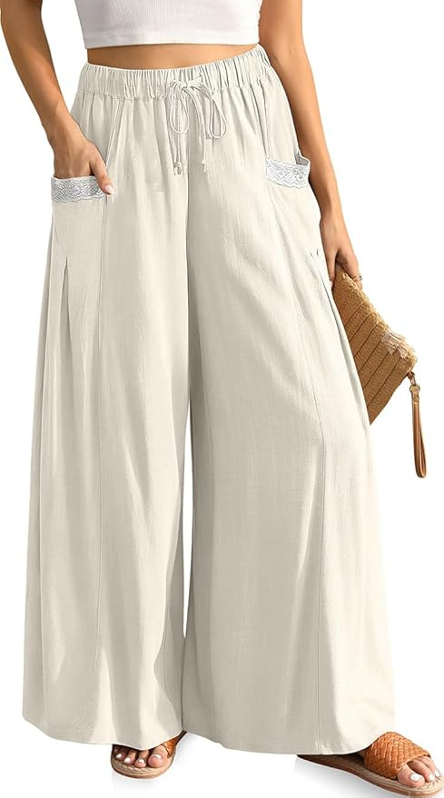 TARSE Women's Linen Wide Leg Pants Flowy Palazzo Trendy Casual Lounge Boho Drawstring Trousers Su... | Amazon (US)