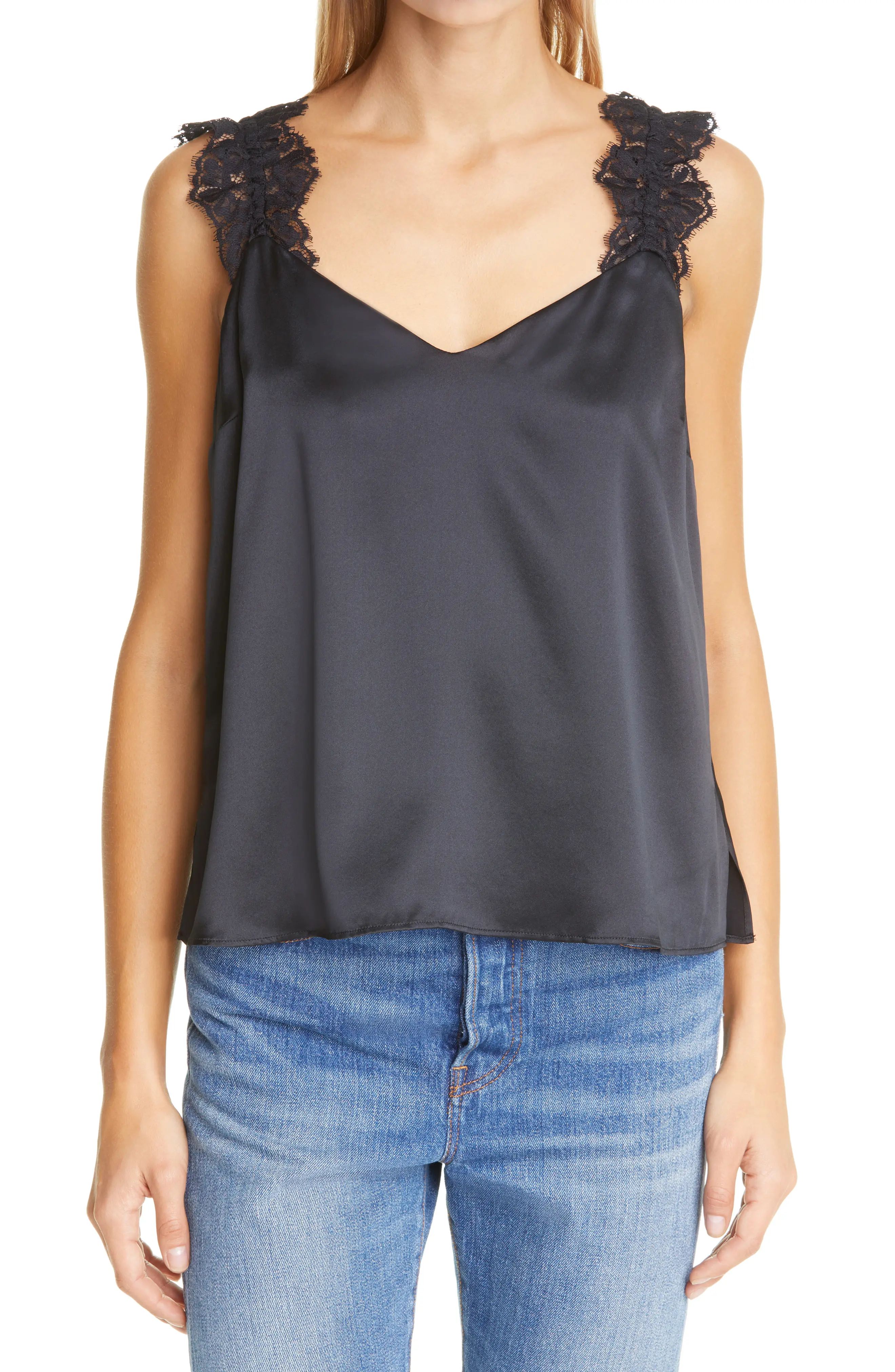 Women's Cami Nyc The Ester Lace Strap Silk Camisole, Size X-Small - Black | Nordstrom
