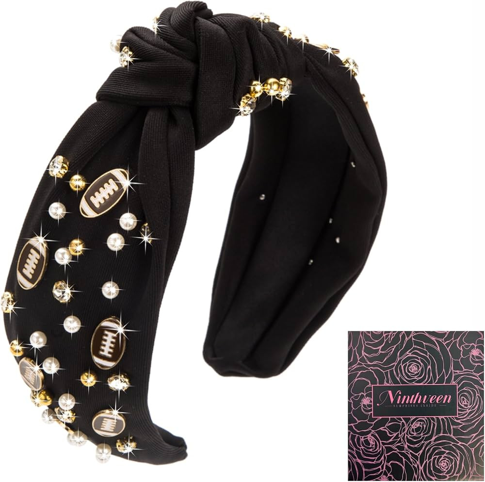 Women's Fashion Football Headband Black Red Orange Blue Pearl Rhinestone Jeweled Knotted Headband... | Amazon (US)