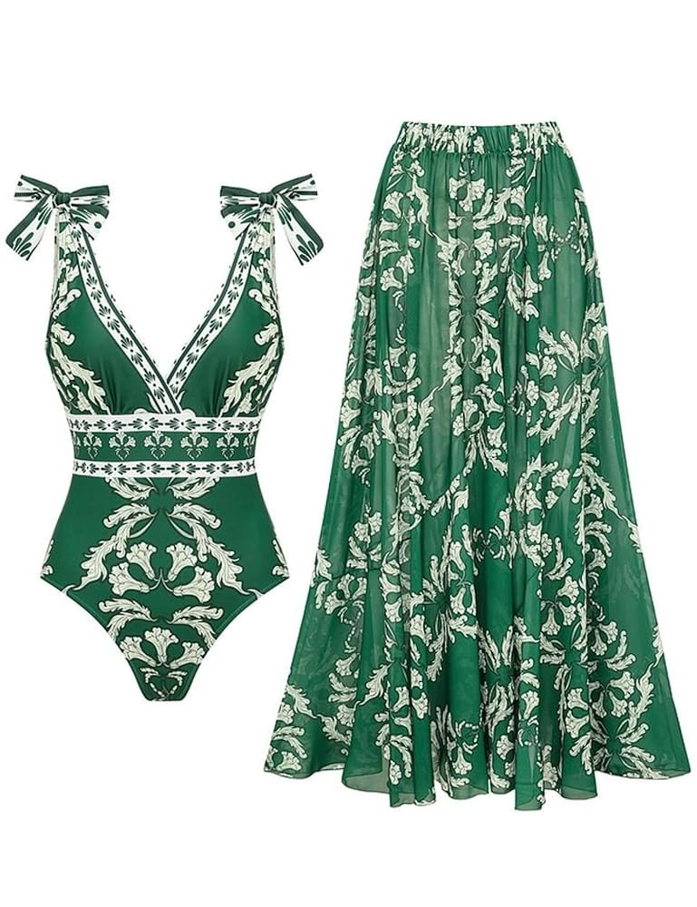 FLAXMAKER Blue and White V Neck Lace Up Strip Plant Prints One Piece Swimsuit and Skirt/Sarong | Amazon (US)