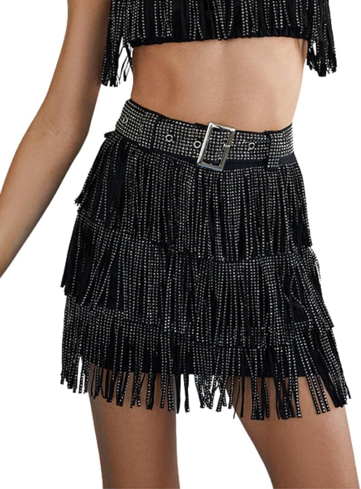 ChiyeeKiss Womens Sparkle Rhinestone Fringe Skirt Elastic Waistband Short Mini Dress with Adjusta... | Amazon (US)