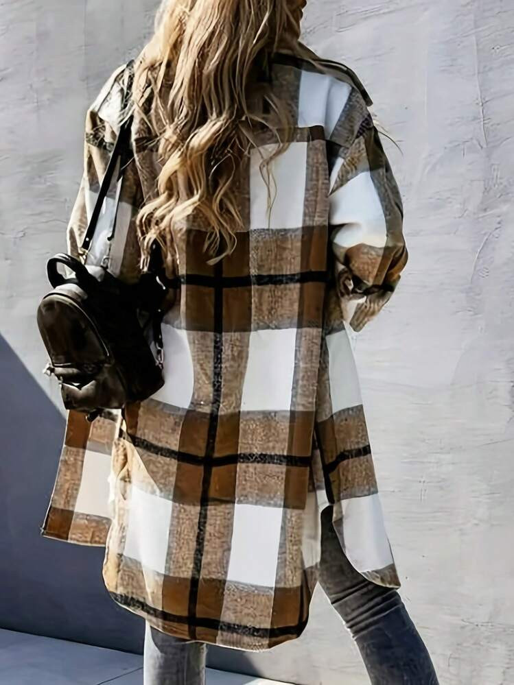 Women's Oversized Plaid Shacket Coat - Pink Beige Brown White Tartan Jacket, Longline Winter Coat... | SHEIN