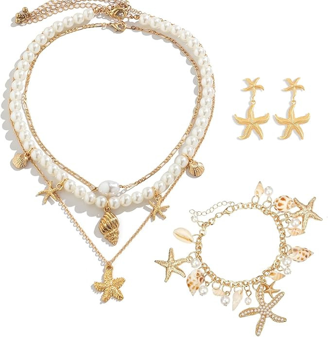 3PCS Mermaid Accessories Women Seashell Starfish Jewelry Set,Gold Seashell Starfish Necklace Brac... | Amazon (US)