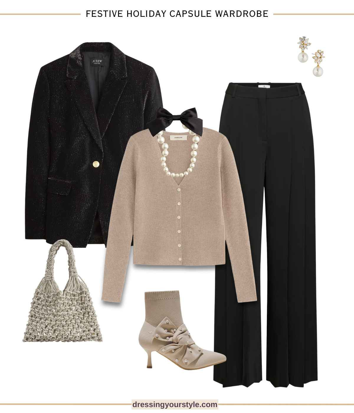 Modest holiday party outfit with black trousers, velvet blazer, gold cardigan and pearl booties and necklace  

#LTKOver40 #LTKHoliday #LTKParties