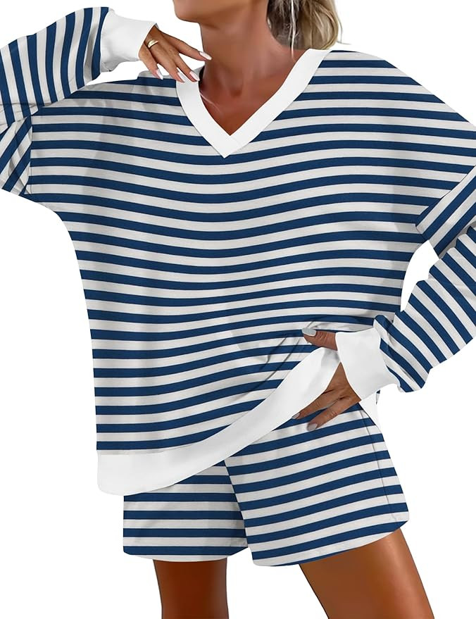 AKEWEI Womens Pajama Sets V Neck Long Sleeve Top and Shorts Cozy Loungewear with Pocket | Amazon (US)