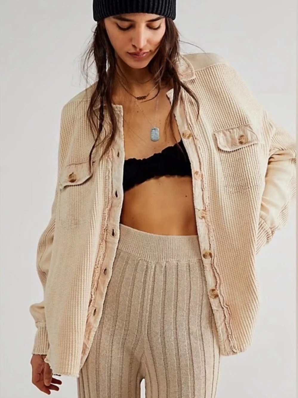 Free People One Scout Jacket Shacket Waffle Thermal Knit Slouchy Nude Sand Sz M | Poshmark