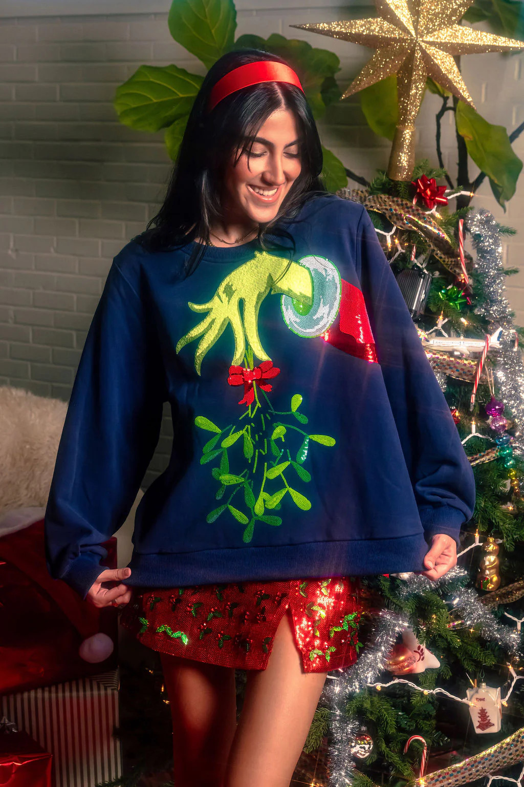 Navy Grinch Mistletoe Hand Sweatshirt | Queen of Sparkles