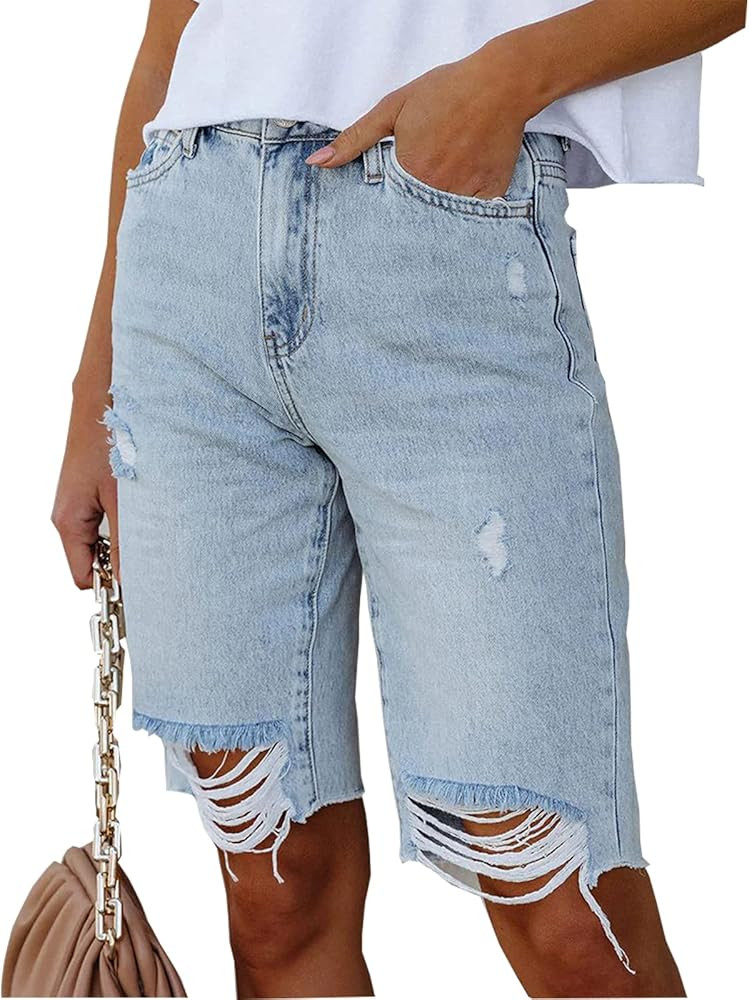 LONGBIDA Women's Jean Shorts High Waisted Denim Ripped Bermuda Shorts Distressed Knee Length Stre... | Amazon (US)