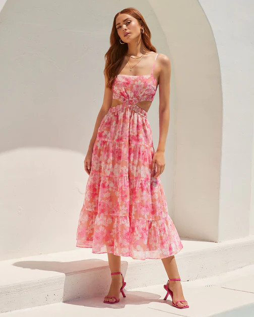 Cobble Hill Cutout Tiered Midi Dress - Pink/Orange - FINAL SALE | VICI