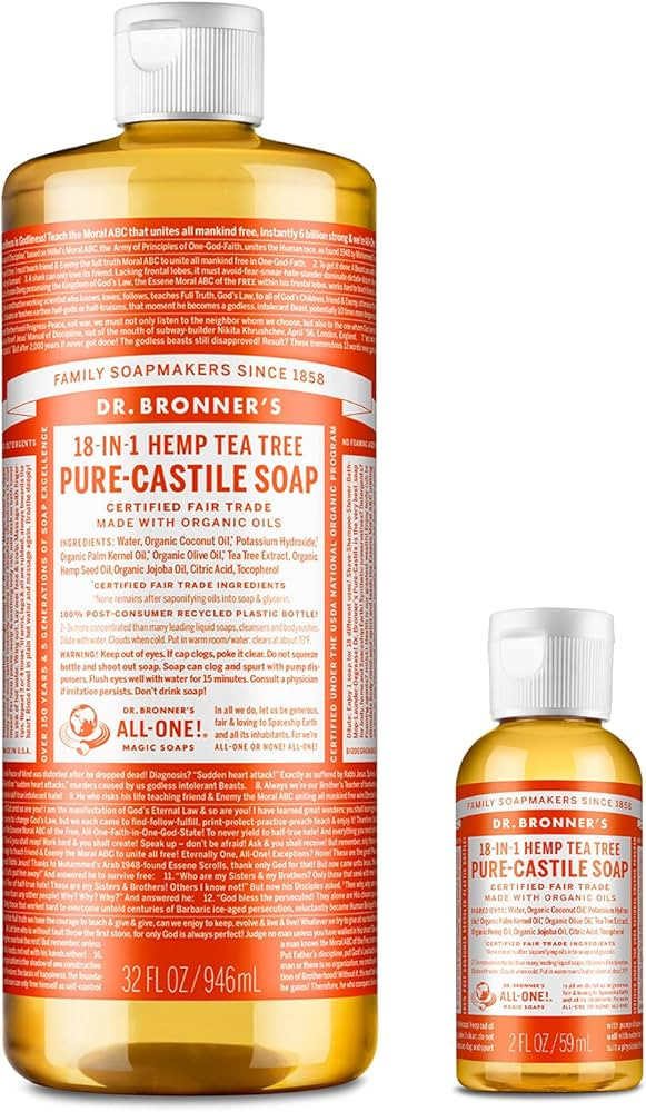 Dr. Bronner's Pure-Castile Liquid Soap – Tea Tree Bundle. 32 oz. Bottle and 2 oz. Travel Bottle | Amazon (US)