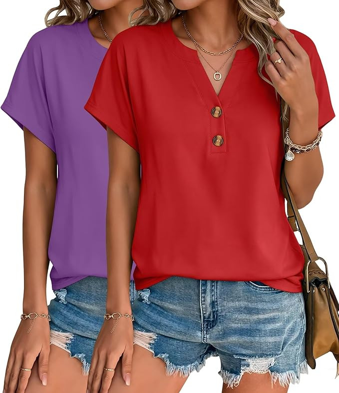 2 Pack Womens T Shirts V Neck Short Sleeve Henley Tops Work Business Casual Blouses Summer Dressy... | Amazon (US)