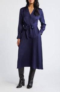 Click for more info about Long Sleeve Hammered Satin Wrap Front Shirtdress