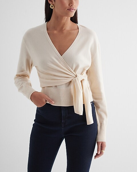 Long Sleeve Surplice Tie Waist Sweater | Express