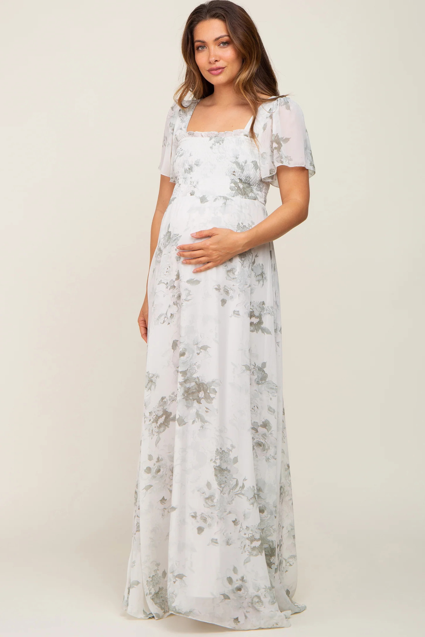 Mint Green Floral Chiffon Square Neck Smocked Maternity Maxi Dress | PinkBlush Maternity