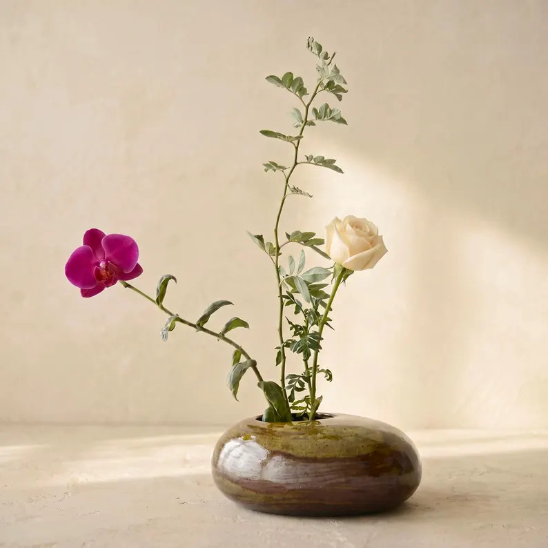 Ikebana Vase: Japanese Wabi Sabi Ceramic Vase With Pin Frog, Flower Frog Vase, Low Flower Holder,... | Etsy (Global)