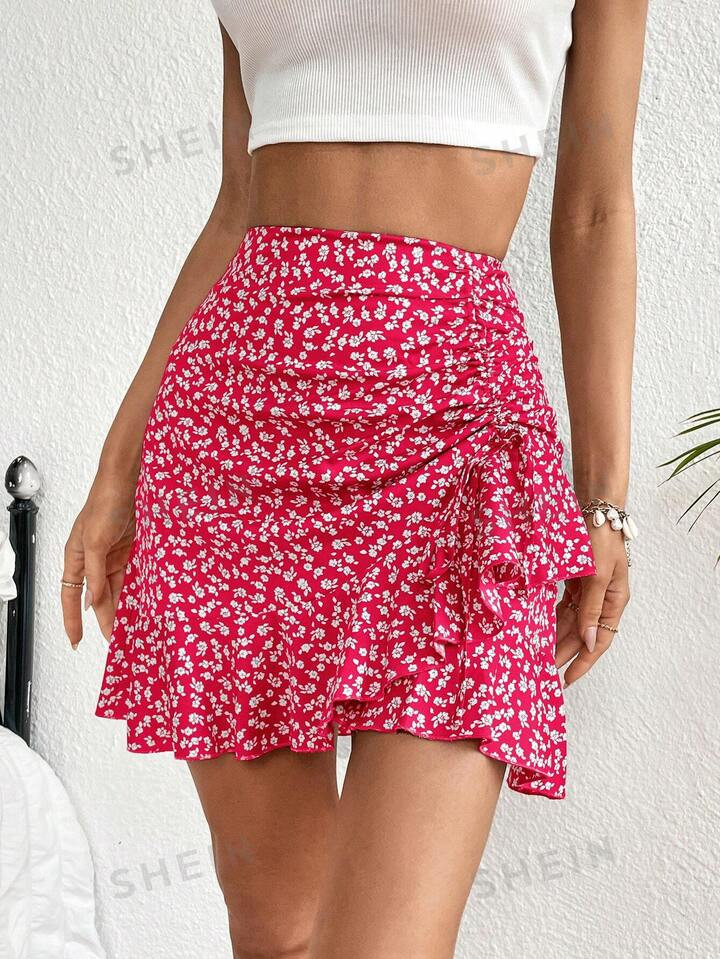 SHEIN LUNE Floral Print Pleated Skirt With Ruffle Hem | SHEIN